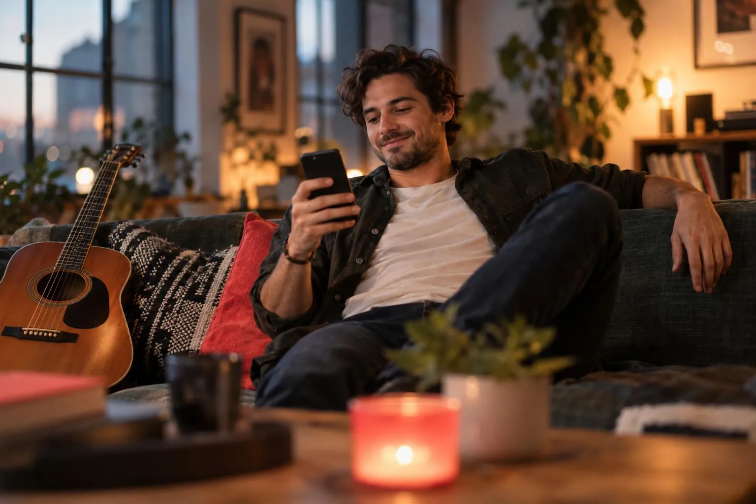 Um músico criador relaxa no sofá e sorri para o celular depois de uma chamada paga